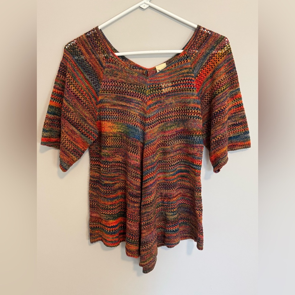 Faded Glory Womens Crochet Tunic Top Size M 3/4 Sleeve Open Knit Rainbow Boho